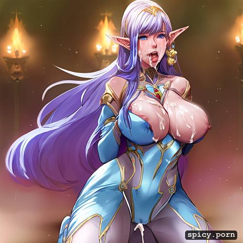 full body, sweaty, high elf, tongue out, long hair, group sex