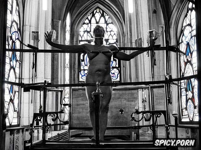 cathedral, hollow hanging belly, arms outstretched, stained glass windows