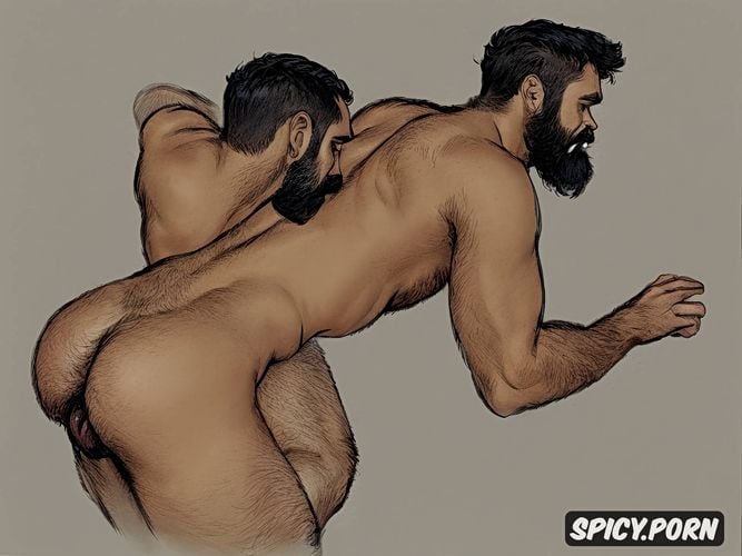 ass fucking, full shot, natural thick eyebrows, 30 yo, rough artistic nude sketch of two bearded hairy men having gay anal sex