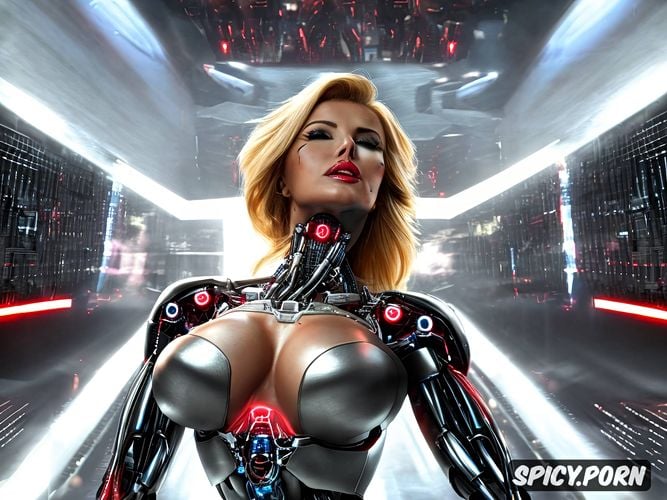 fighting another busty blonde sexbot, fully robotic body, sexy blonde robot