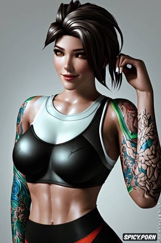 k shot on canon dslr, ultra detailed, masterpiece, tracer overwatch beautiful face milf tattoos black sports bra tight black yoga leggings busty smirking portrait