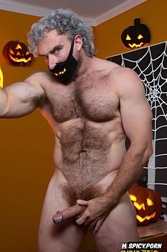 solo hairy gay muscular old man with a big dick showing full body and perfect face beard showing hairy armpits indoors chubby body wearing a halloween mask