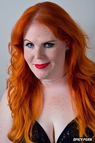 pretty face, chubby, pale freckled redhead crossdresser, wavy red hair