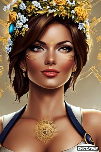 masterpiece, tracer overwatch beautiful face milf tattoos flowing low cut white greek robes golden greek wreath crown busty smirking portrait