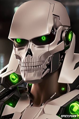 green eyes, squatting, no hair, skull face, female robot