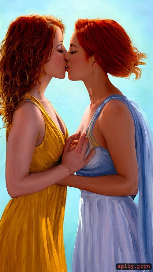 petite blonde girl kisses tall redhead girl, lesbian, three