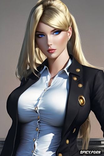 ultra detailed face shot, ultra realistic, samus aran metroid pale skin long soft blonde hair black blazer white shirt shirt unbuttoned beautiful face busty milf