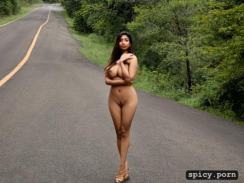 small breasts, indian woman, chubby body, on public road, short
