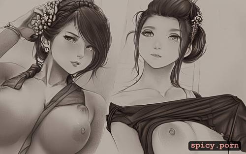 small boobs, intricate small hair buns, realistic, art by jean paptiste monge