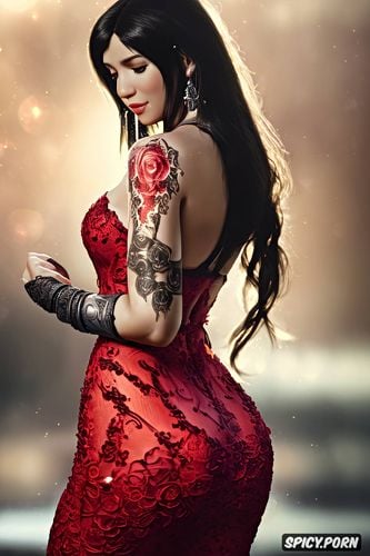 tattoos masterpiece, k shot on canon dslr, ultra detailed, tifa lockhart final fantasy vii rebirth beautiful face young tight low cut red lace wedding gown tiara