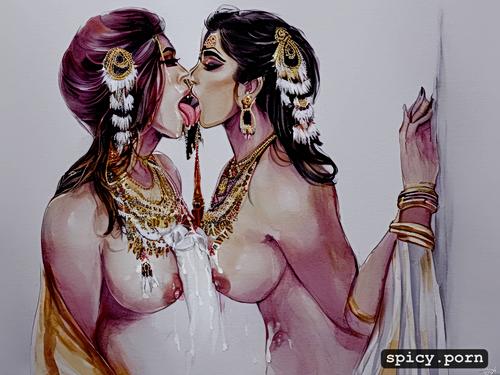 white cum on body, two women, looking at viewers, indian goddesses