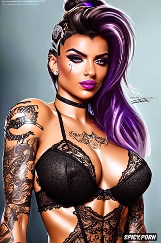 k shot on canon dslr, ultra detailed, abs, masterpiece, sombra overwatch tight low cut one piece lace french mair corset milf full lips tattoos beautiful face portrait muscles