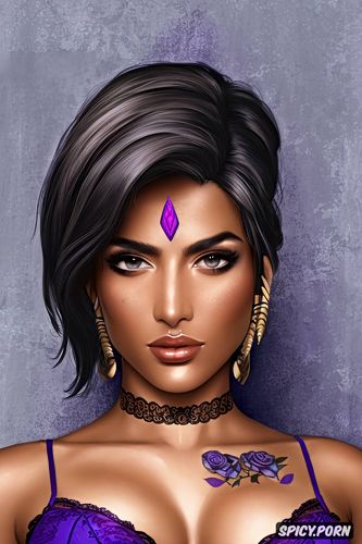 tattoos masterpiece, k shot on canon dslr, ultra detailed, pharah overwatch beautiful face young sexy low cut purple lace lingerie