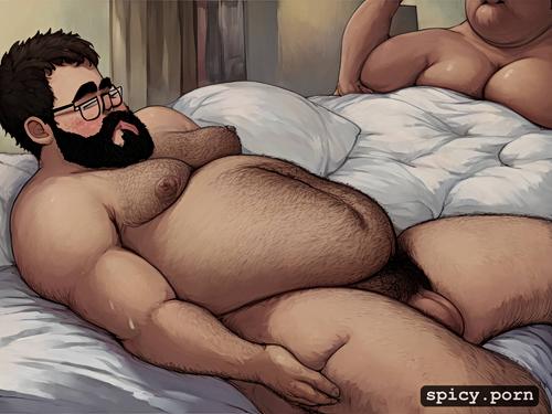 in bed room, whole body, super obese chubby man, naked, show large testicle