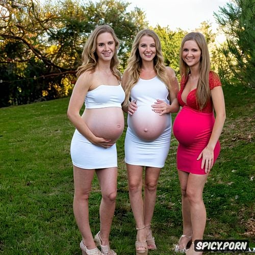 skinny waist, bokeh, broad hips, large pregnant belly, three beautiful teenage white women