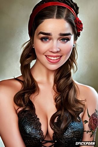 topless, tattoos, high resolution, ultra realistic, emiliaclarke beautiful face full body shot