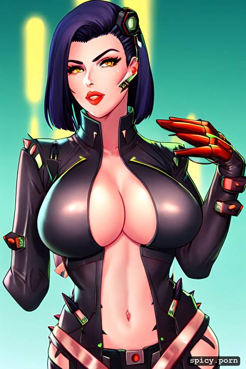 yellow eyes, a woman cyber, piercing right eyebrow, attractive body