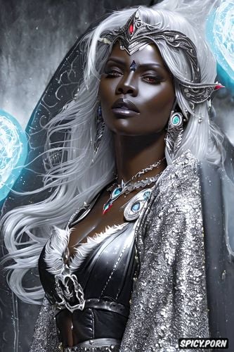 ultra realistic, topless, fantasy female sorcerer queen elder scrolls beautiful face ebony skin silver hair full body shot