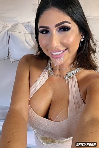 selfie for cuckold, cum dripping down hair and face, cocktail dress