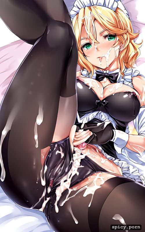 ripped pants, black stockings, woman, anime style, human, show gaping pussy