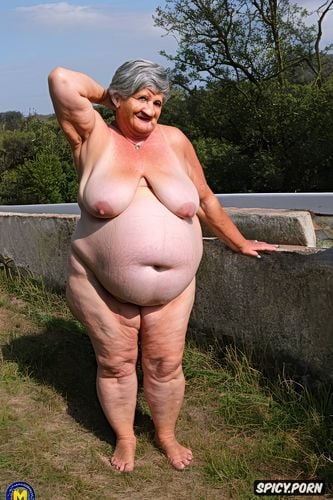 she has a big obese plump belly and shrink boobs, this granny have long hair