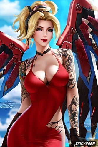 mercy overwatch beautiful face young full body shot, tattoos small perky tits elegant low cut tight dark red dress masterpiece