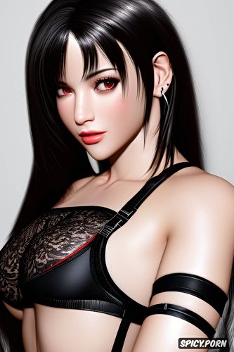 ultra realistic, k shot on canon dslr, ultra detailed, tifa lockhart final fantasy vii remake tight see through black lace lingerie beautiful face