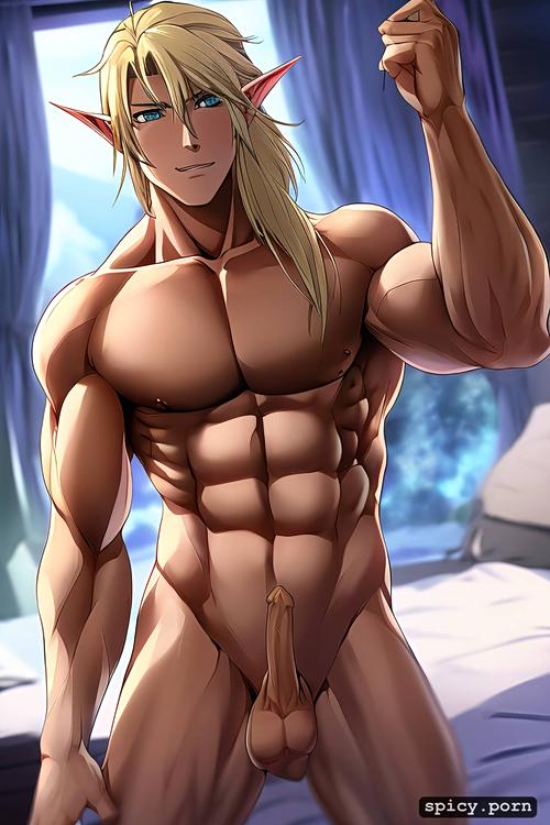 20 year old elf male, muscular arms and legs, 4k, bedroom, hazel eyes