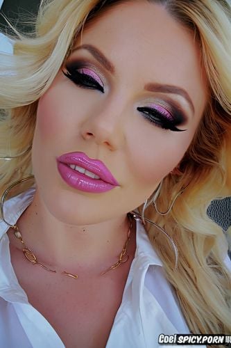 eye contact, thick overlined lip liner, glossy lips, pink lipstick