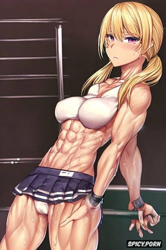 erotic masterpiece, six pack abs, blonde pigtails, mini school skirt