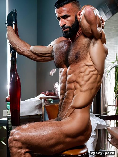 hairy chest, sexy, male, muscular, arms up, full body view, bald