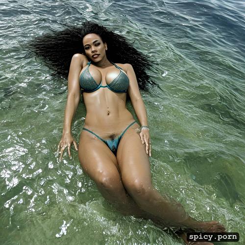 diving nigerian woman, perfect face, long legs, 55 years old