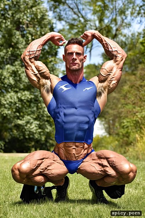 masculine, grey man, veiny, massive muscular chest, squatting
