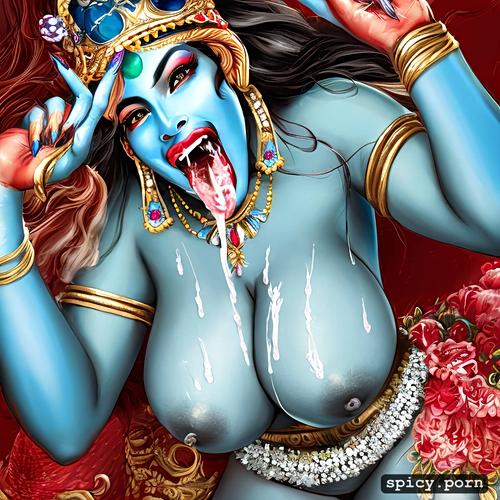 beautiful hindu goddes devi kali, blue skin, cum on tongue, 4 arm