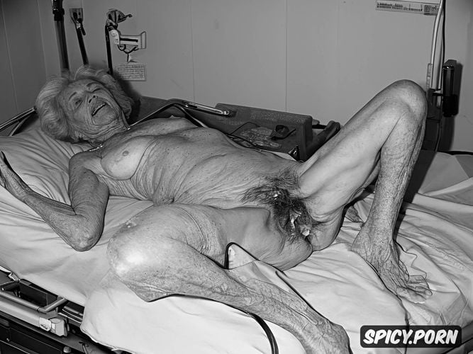 hospital bed in empty room, soft pale wrinkled skin, legs open displaying grey hairy pussy