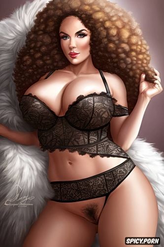 curly hair, teddy bear, exposed tits, exposed hairy pussy, messy hair