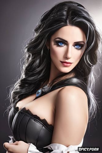 ultra detailed face shot, ultra realistic, yennefer of vengerberg the witcher tight outfit beautiful face no makeup milf masterpiece