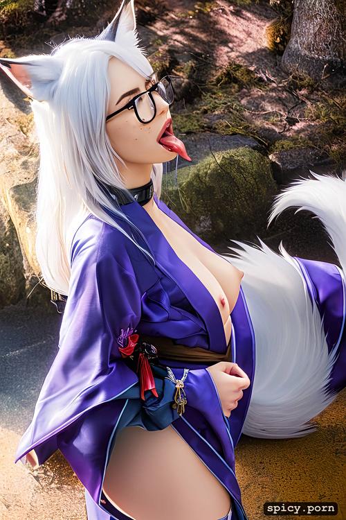 ahegao, location japanese shrine at night, white wolf tail, photo realistic detailed tongue
