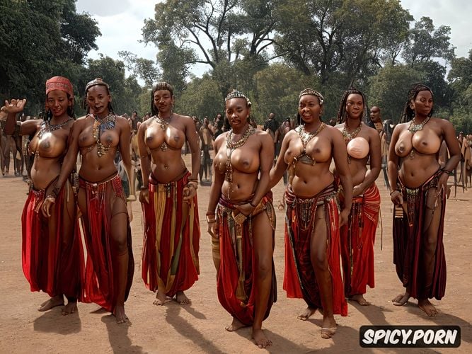 walk, thin, lot of native dancers vivid natural colors embossed bodies africa