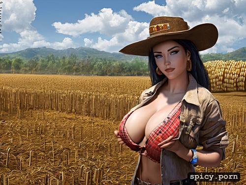 cowgirl hat photorealistic, pumpkin patch, farmers woman, unbuttoned denim shorts