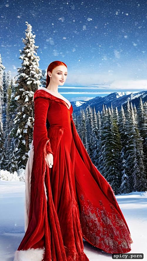 realistic, wearing pelt cloak with tight red dress underneath