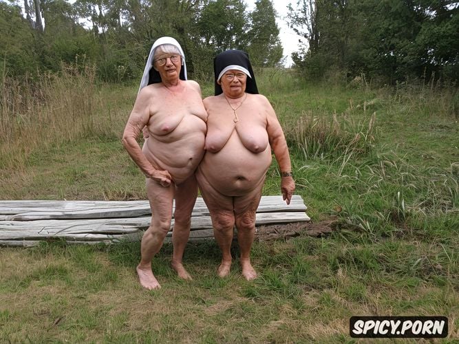 extreme detail, short legs, chatolic nun grandmother fat old woman