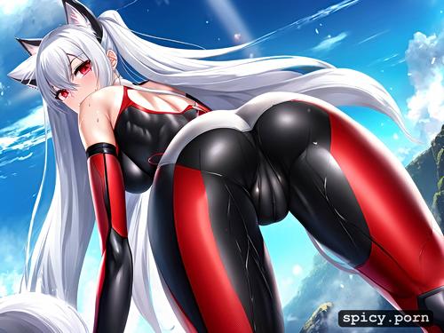wet skin, smiling, showing of her ass, cat woman, athletic, silver hair