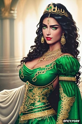 large dark brown eyes, gold and emerald tiara, throne room, wearing a tight low cut green lace corset