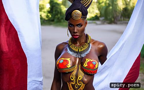 45 years, tanned skin, huge boobs, tribal dress body paint, fit body