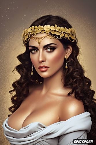 greek mythology, medium round perky natural breasts, flowing low cut white greek robes