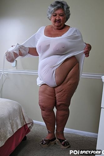flip flop tap in foot, flat chest, fupa, front view, an old fat saudi granny