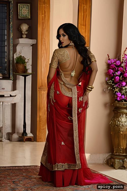 transparent saree, black hair, round ass, showing bare back