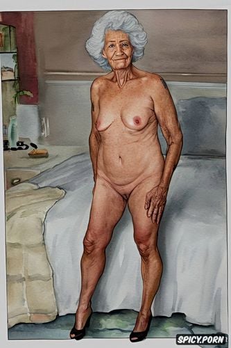 elderly grandmother, standing in bedroom nude showing shaved pussy
