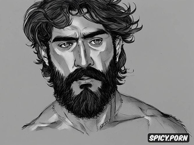 intricate hair and beard, hairy chest, dark hair, surprised facial expression